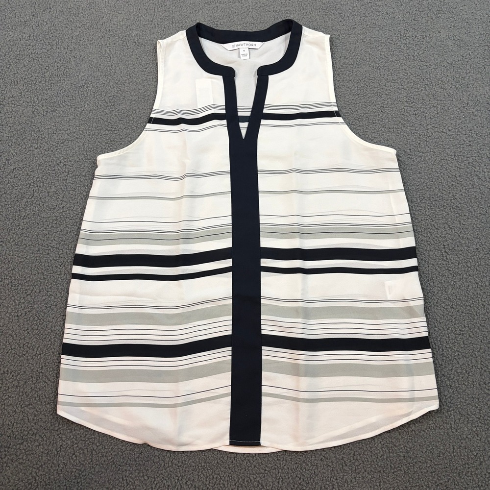 41 Hawthorn Top Womens Medium White Striped S9SHW306 Sleeveless V-Neck Blouse